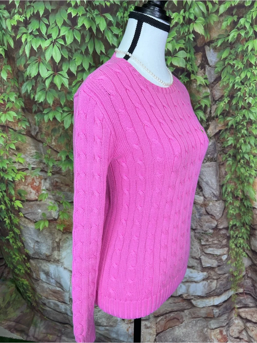 VINTAGE RALPH LAUREN Luxury Pink Cabled Preppy Polo Logo Crewneck Sweater, M - Picture 10 of 11